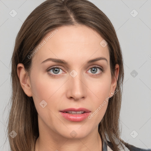 Neutral white young-adult female with medium  brown hair and grey eyes