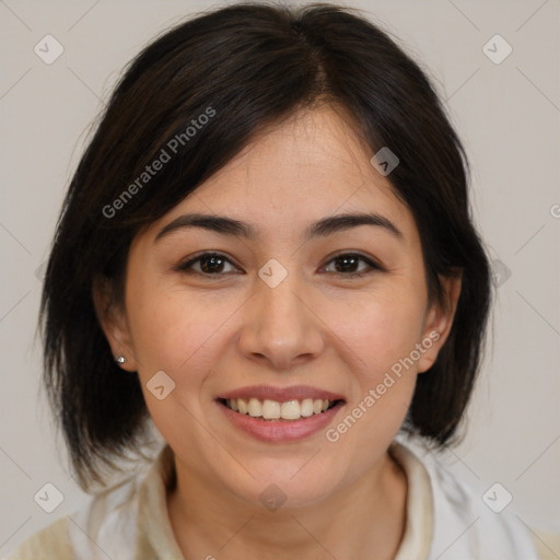 Joyful white young-adult female with medium  brown hair and brown eyes