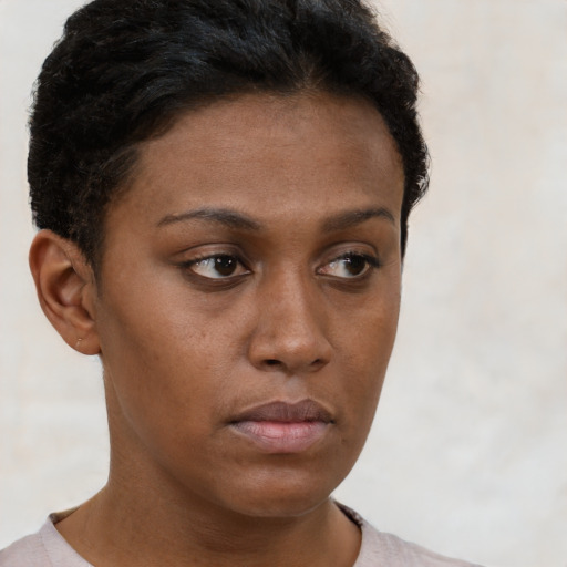 Neutral black young-adult female with short  brown hair and brown eyes