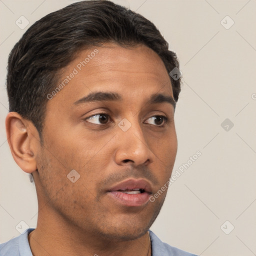 Neutral white young-adult male with short  brown hair and brown eyes