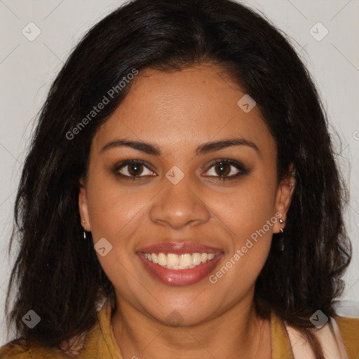 Joyful latino young-adult female with long  brown hair and brown eyes