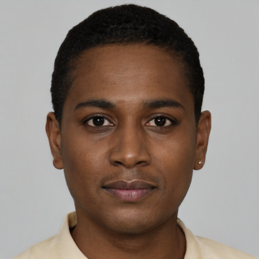 Neutral black young-adult male with short  black hair and brown eyes