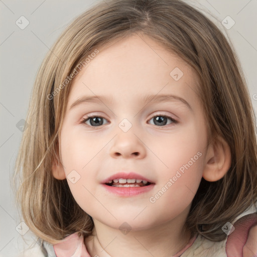 Joyful white child female with medium  brown hair and grey eyes