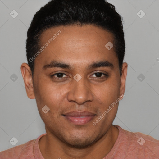 Joyful white young-adult male with short  black hair and brown eyes