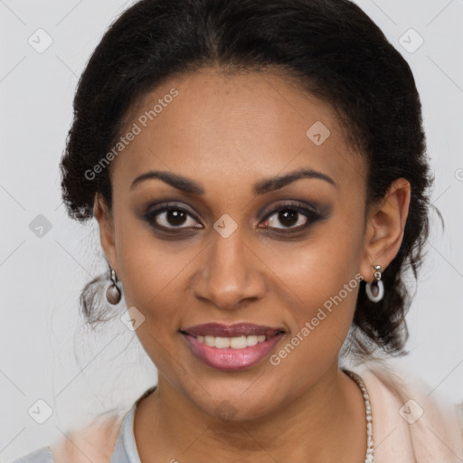 Joyful latino young-adult female with medium  brown hair and brown eyes