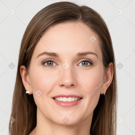 Joyful white young-adult female with long  brown hair and grey eyes