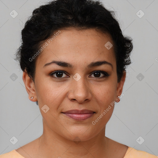 Joyful latino young-adult female with short  brown hair and brown eyes