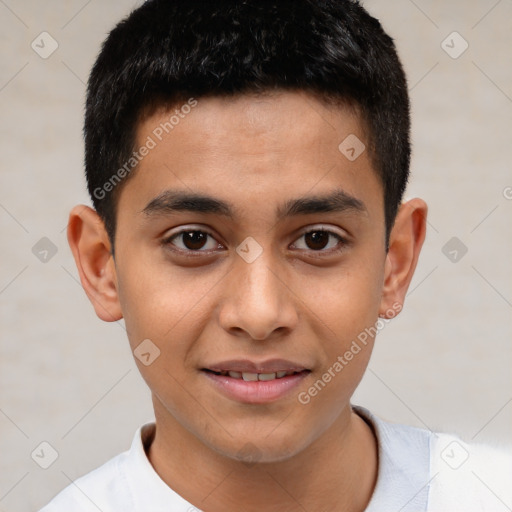 Joyful latino young-adult male with short  brown hair and brown eyes