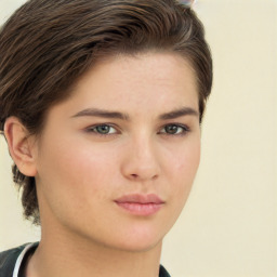 Neutral white young-adult female with short  brown hair and brown eyes