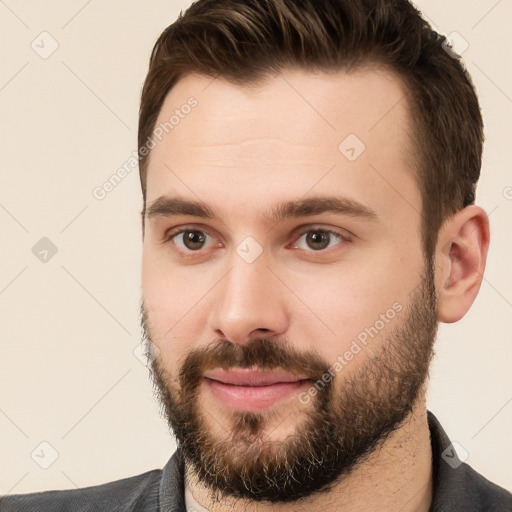 Neutral white young-adult male with short  brown hair and brown eyes