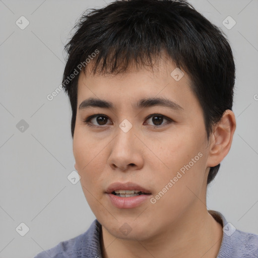 Neutral asian young-adult male with short  black hair and brown eyes