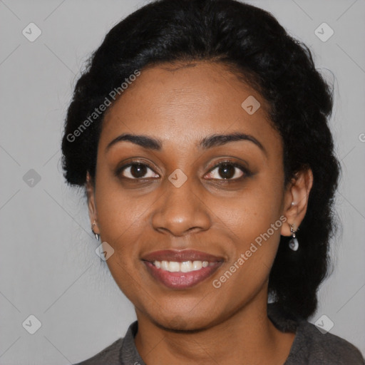 Joyful black young-adult female with medium  black hair and brown eyes
