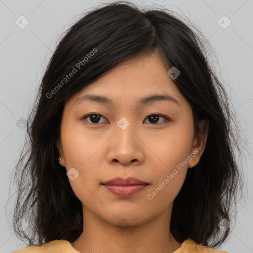 Neutral asian young-adult female with medium  brown hair and brown eyes