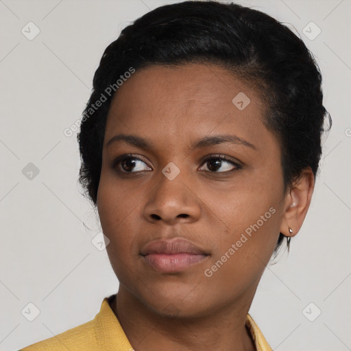 Neutral black young-adult female with short  black hair and brown eyes