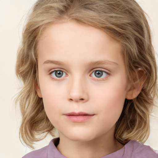 Neutral white child female with medium  brown hair and grey eyes