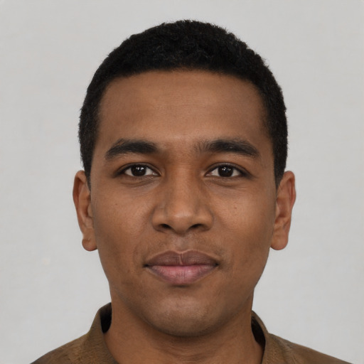 Neutral black young-adult male with short  black hair and brown eyes