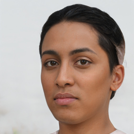 Neutral latino young-adult female with short  black hair and brown eyes