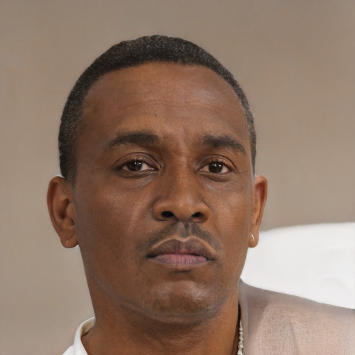 Neutral black adult male with short  brown hair and brown eyes