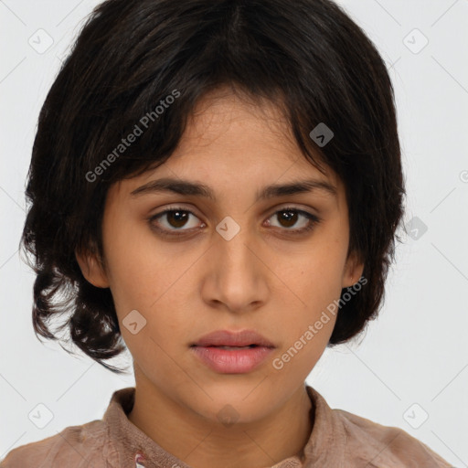 Neutral latino young-adult female with medium  brown hair and brown eyes