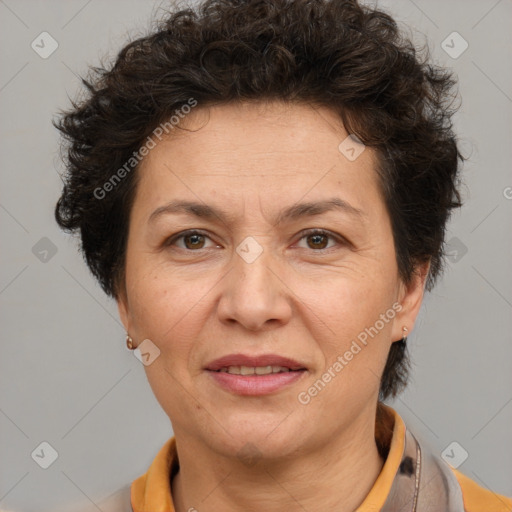 Joyful white adult female with short  brown hair and brown eyes