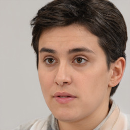 Neutral white young-adult female with short  brown hair and brown eyes