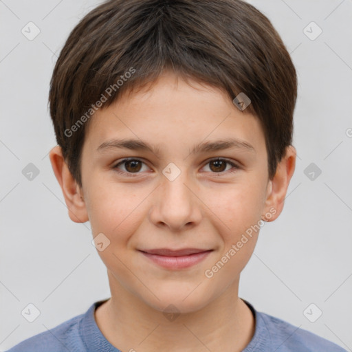 Joyful white child female with short  brown hair and brown eyes