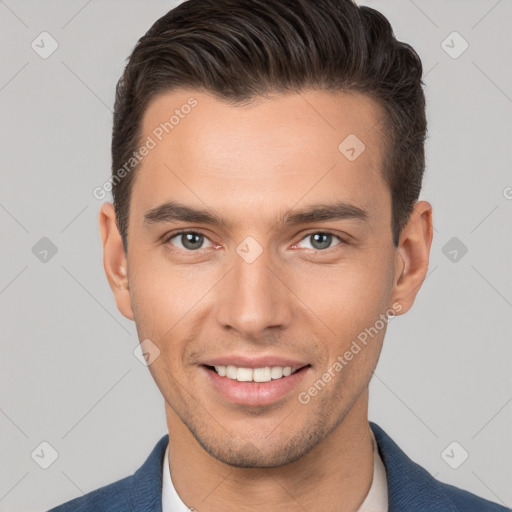 Joyful white young-adult male with short  brown hair and brown eyes