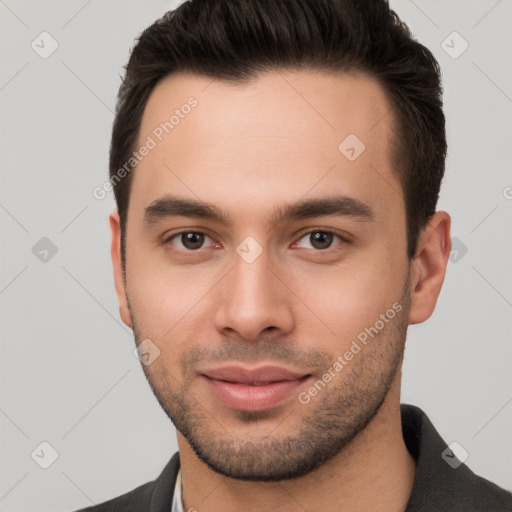 Joyful white young-adult male with short  brown hair and brown eyes