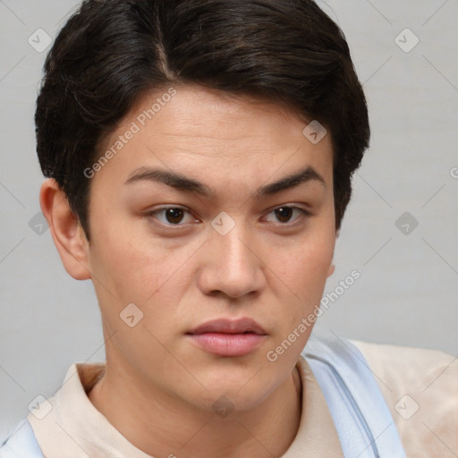 Neutral white young-adult female with short  brown hair and brown eyes