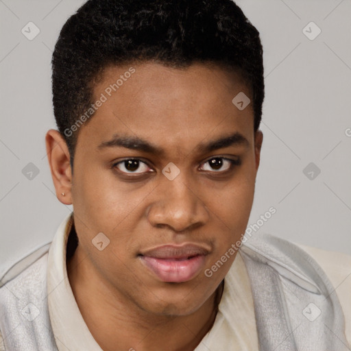 Joyful black young-adult male with short  brown hair and brown eyes