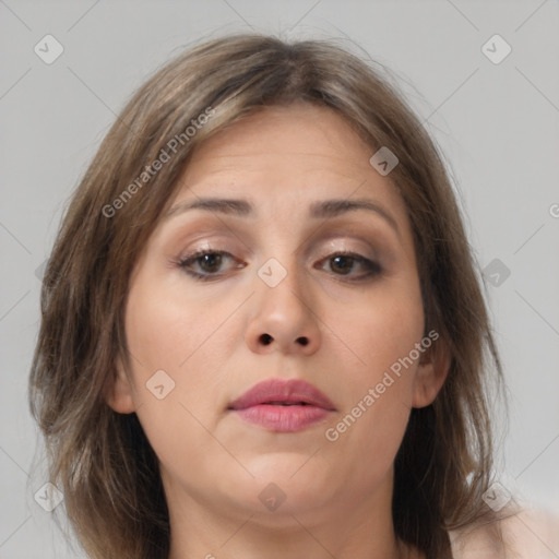 Neutral white young-adult female with medium  brown hair and brown eyes