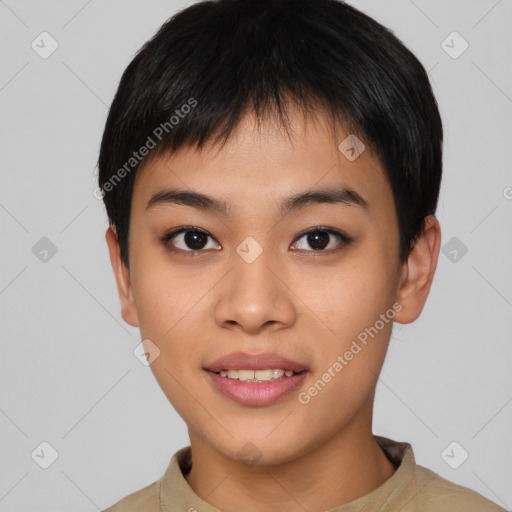 Joyful asian young-adult female with short  black hair and brown eyes