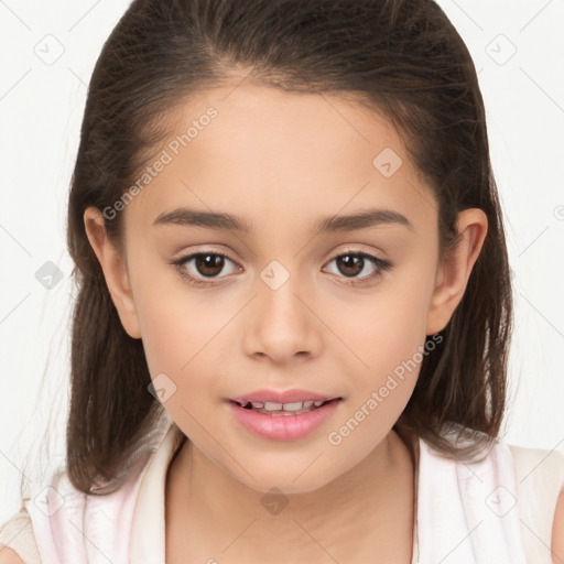 Joyful white child female with medium  brown hair and brown eyes