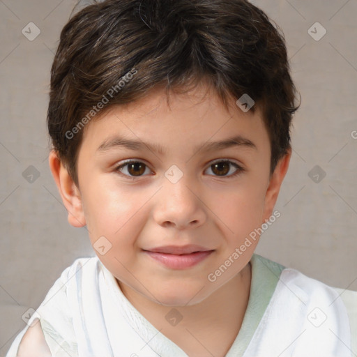 Joyful white child male with short  brown hair and brown eyes