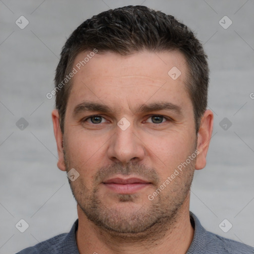 Neutral white adult male with short  brown hair and brown eyes