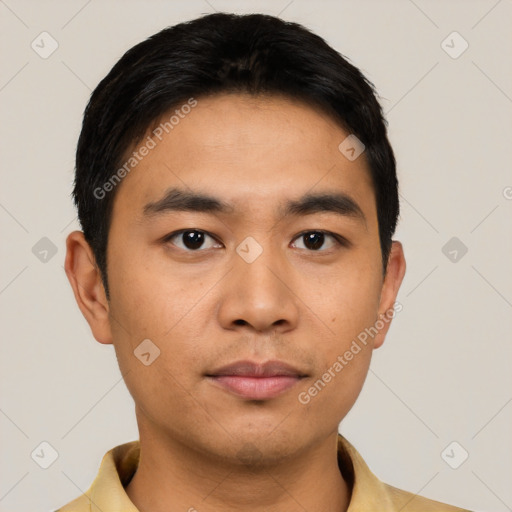 Neutral asian young-adult male with short  black hair and brown eyes