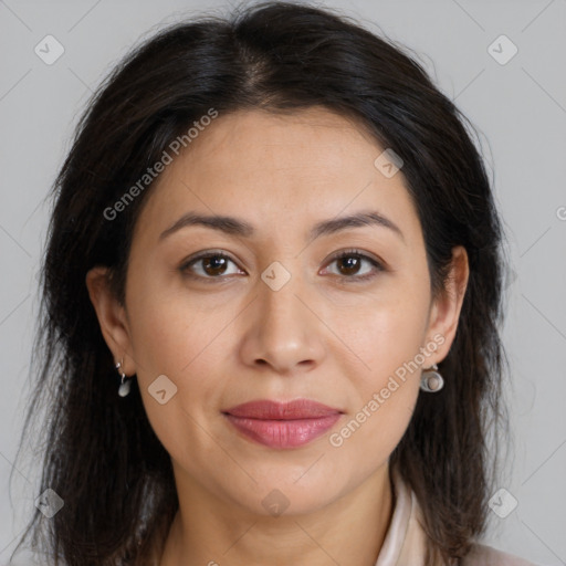 Joyful latino young-adult female with medium  brown hair and brown eyes