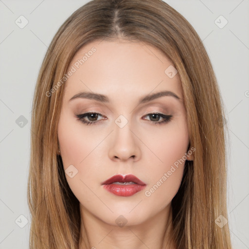 Neutral white young-adult female with long  brown hair and brown eyes