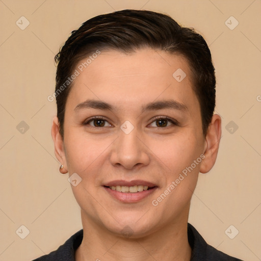 Joyful white young-adult female with short  brown hair and brown eyes