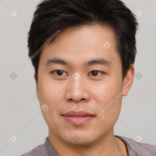 Neutral asian young-adult male with short  brown hair and brown eyes