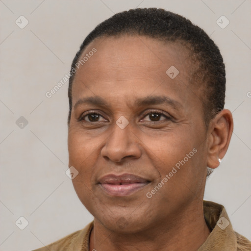 Joyful latino adult female with short  brown hair and brown eyes