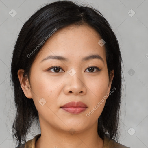 Neutral asian young-adult female with medium  black hair and brown eyes