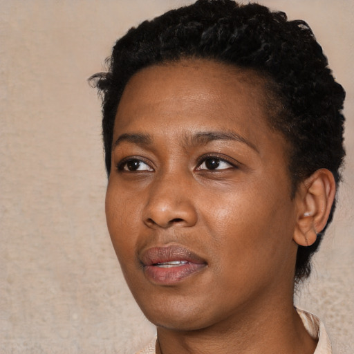 Joyful black young-adult female with short  black hair and brown eyes