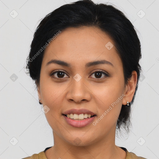 Joyful asian young-adult female with medium  black hair and brown eyes