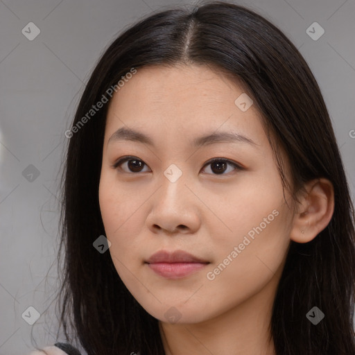 Neutral asian young-adult female with long  brown hair and brown eyes