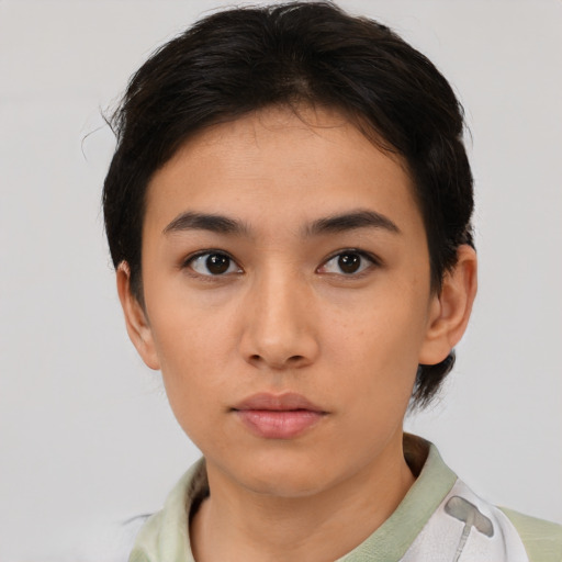 Neutral asian young-adult female with short  brown hair and brown eyes