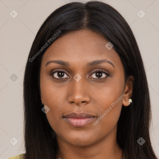 Joyful asian young-adult female with long  brown hair and brown eyes