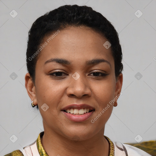 Joyful latino young-adult female with short  black hair and brown eyes