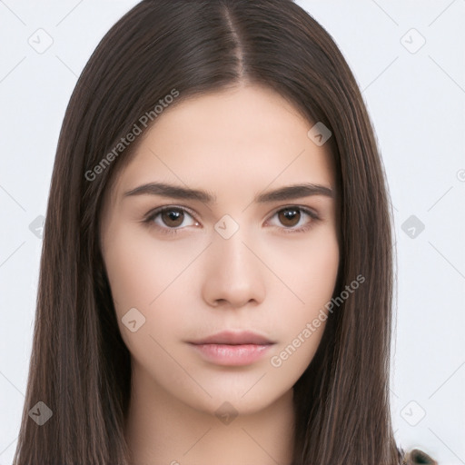 Neutral white young-adult female with long  brown hair and brown eyes