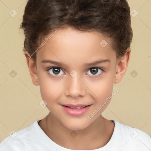 Joyful white child female with short  brown hair and brown eyes